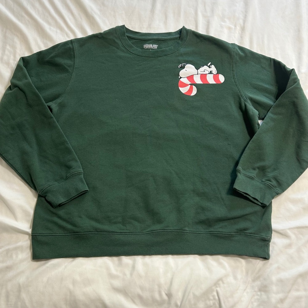 Peanuts Snoopy Candy Cane Christmas Sweatshirt Green Mens Large Holiday Crewneck